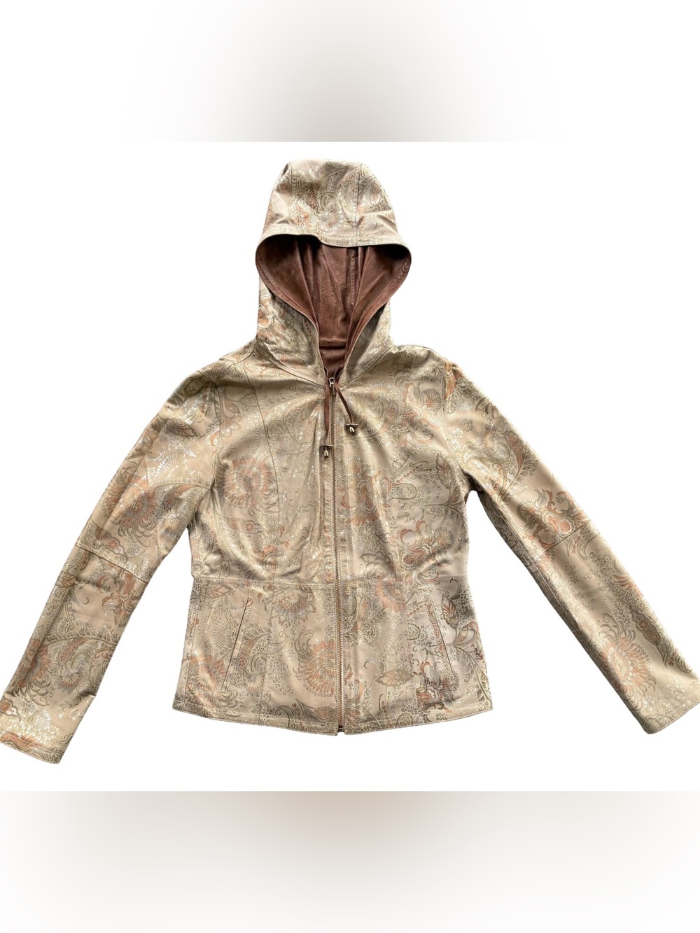 Reversible Paisley-Print Genuine Leather Hooded Jacket | XS–S